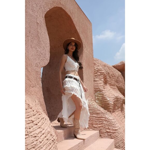 ⚡Women's Beige Calf High Pointed Toe And Block Heel Suede And Faux Leather Boots - Picture 7 of 8